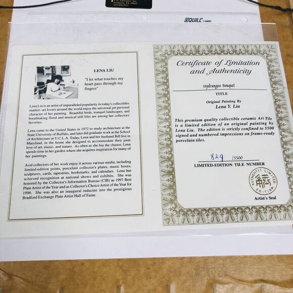 Lena Liu Art Tile Lot 2 Signed Limited Floral Iris Hydrangea Bouquet Numbered - Picture 8 of 10